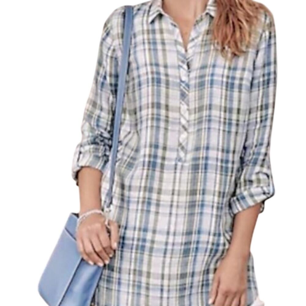 J. Jill Love Linen Lavender Plaid Popover Tunic Women's Small Preppy Top Blouse